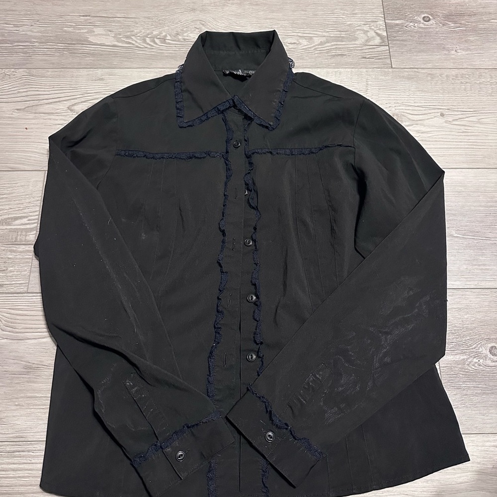 Vintage 90s ninety black lace ruffle collared button-up top, Size L